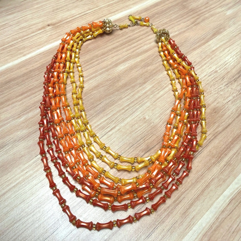 Hong Kong Vintage Multi Strand Bib Necklace Orange Yellow Spool Bead Statement